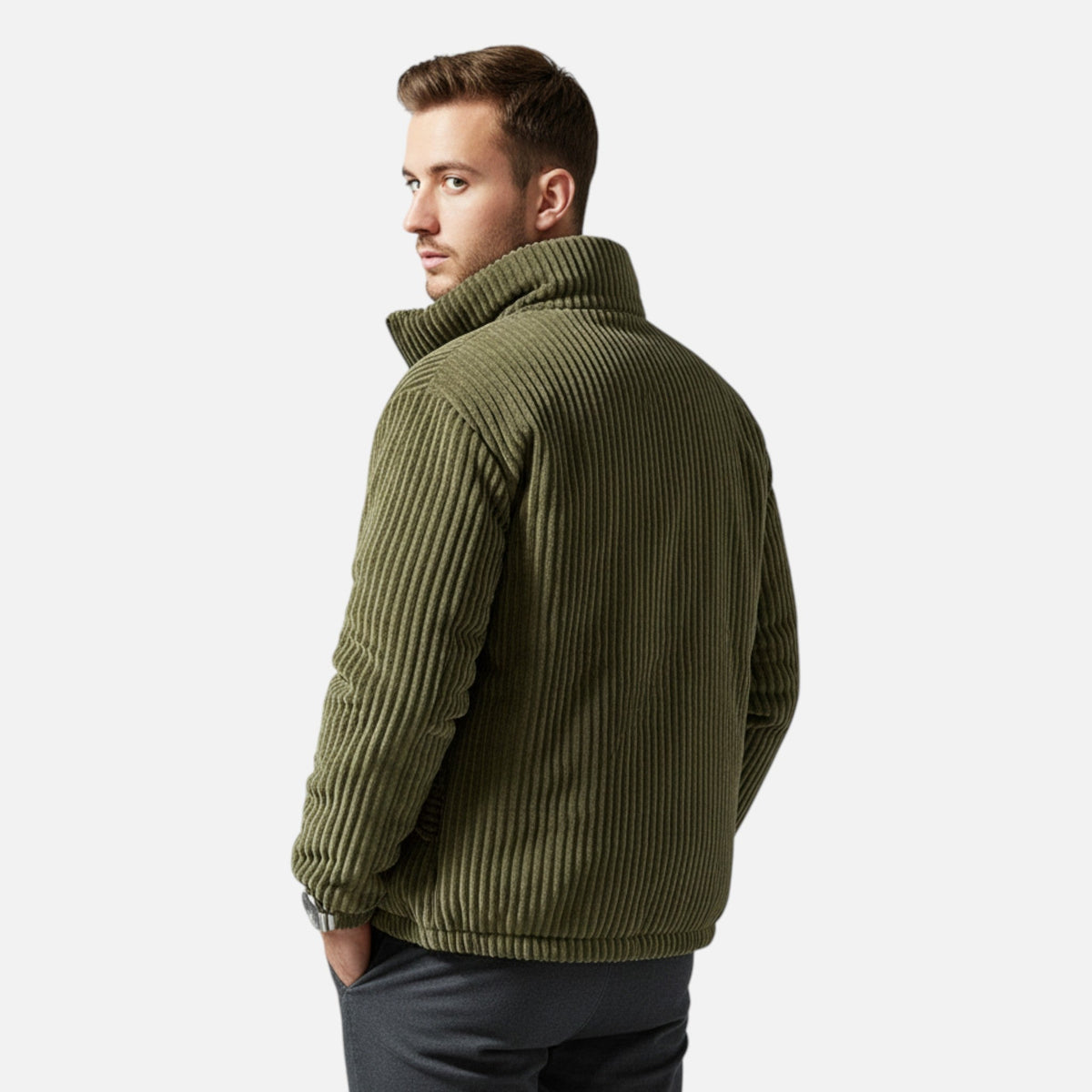 Men's Corduroy Puffer Parka in 100% Cotton with Stand Collar Zip Front and Pockets
