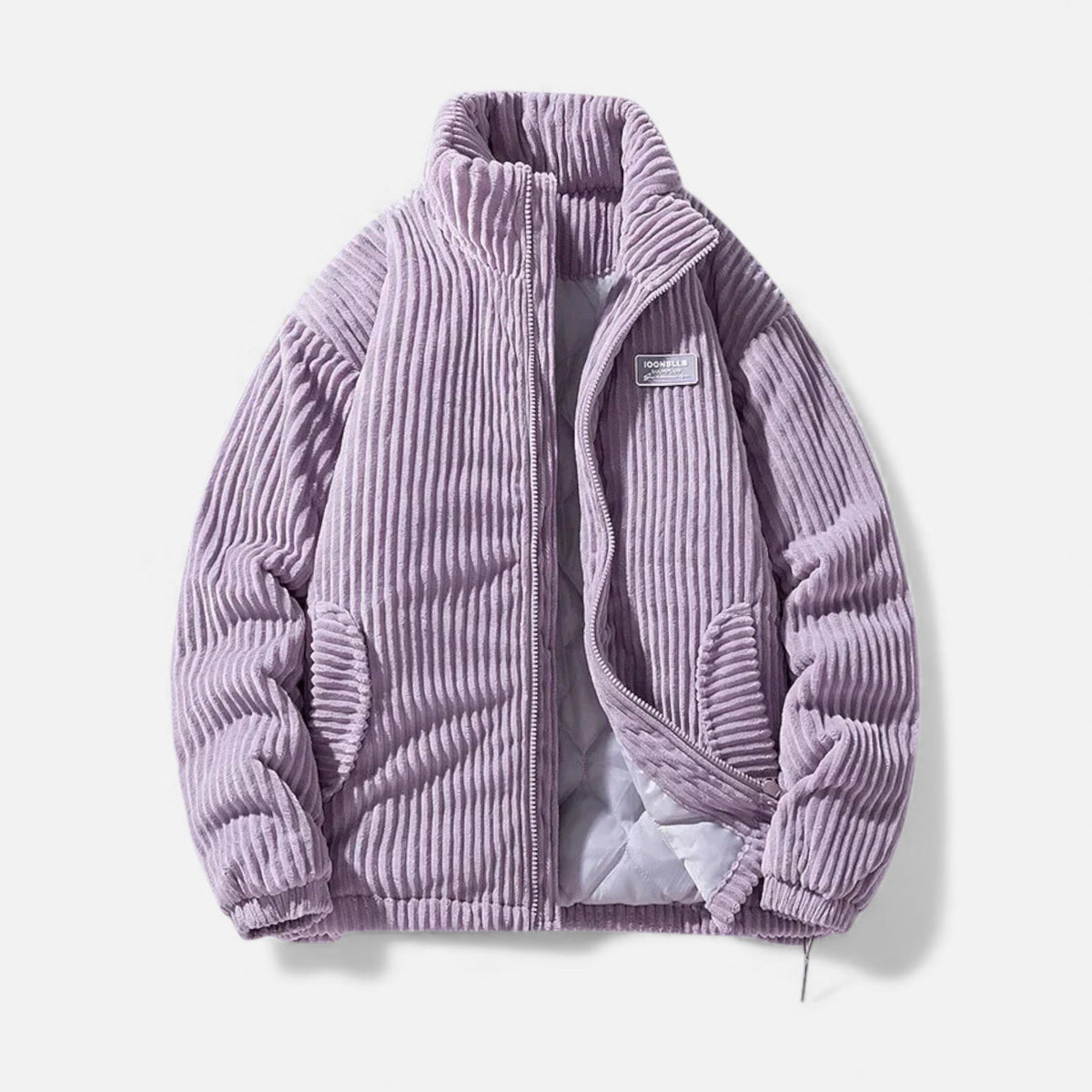 Men's Corduroy Puffer Parka in 100% Cotton with Stand Collar Zip Front and Pockets