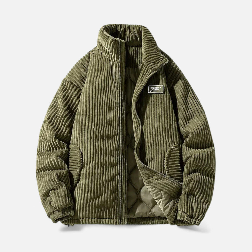 Men's Corduroy Puffer Parka in 100% Cotton with Stand Collar Zip Front and Pockets
