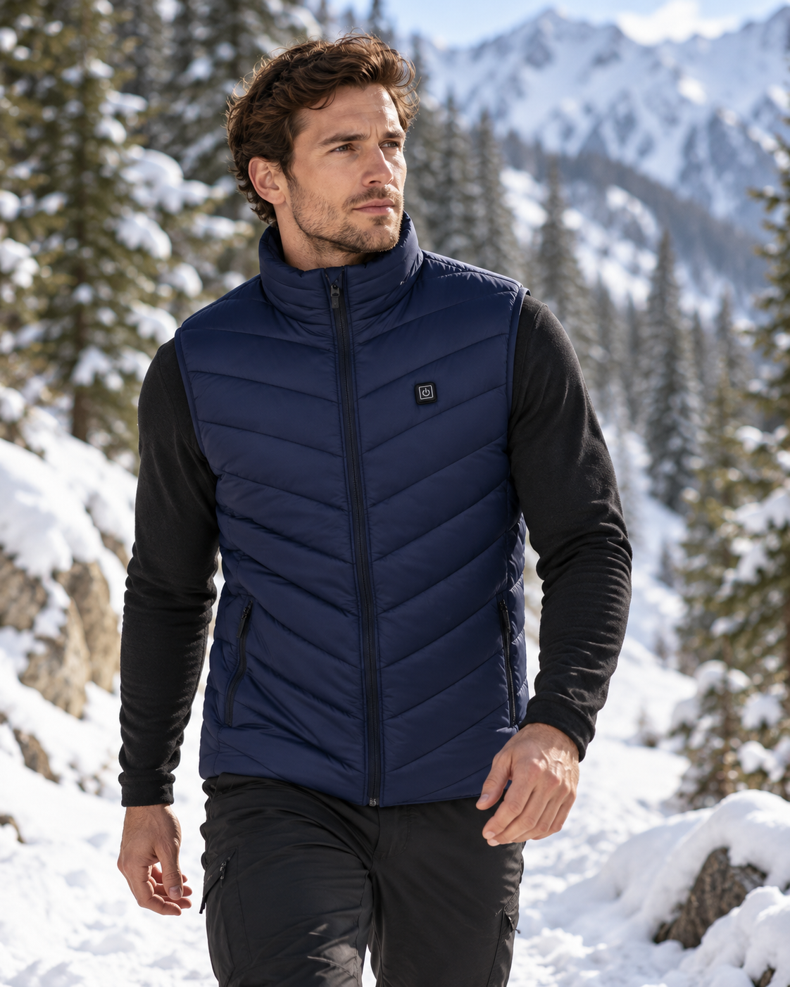 Men's USB heated vest with sleeveless quilted construction and full-length zipper
