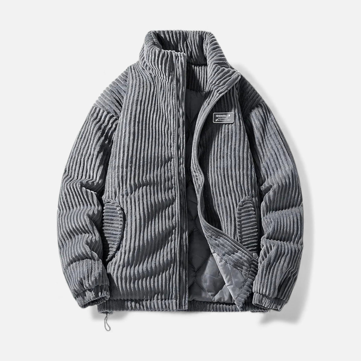 Men's Corduroy Puffer Parka in 100% Cotton with Stand Collar Zip Front and Pockets