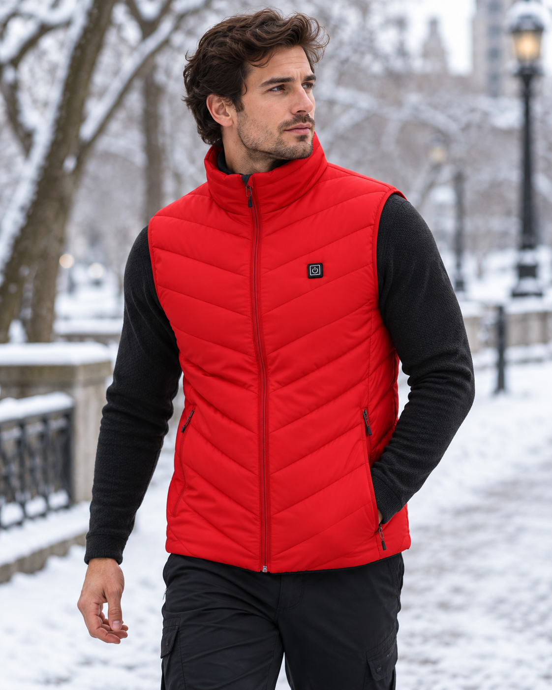 Men's heated vest with nine heating zones, quilted sleeveless design and front zipper