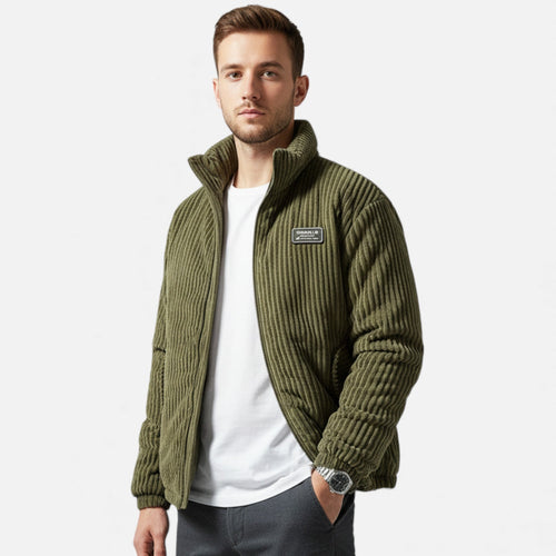 Men's Corduroy Puffer Parka in 100% Cotton with Stand Collar Zip Front and Pockets