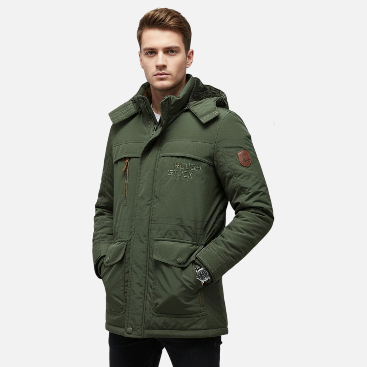 Men's Long Hooded Parka with Fleece Lining Water Repellent Windproof Polyester Shell