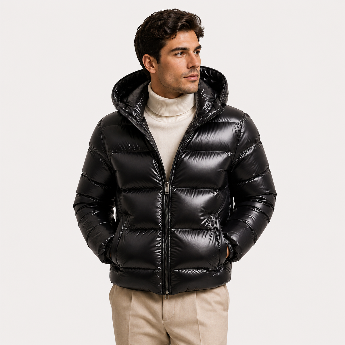 Men's Insulated Hooded Jacket Black Lightweight Polyester Winter Outerwear