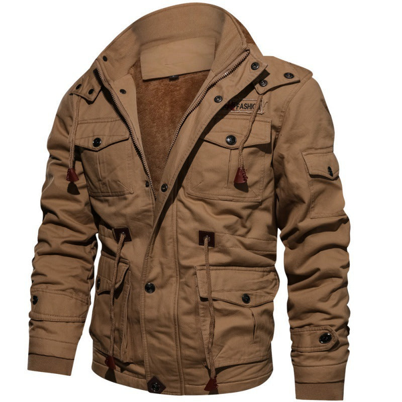 Men's Waterproof Fleece Jacket with High Collar Chest Pockets and Metal Hardware