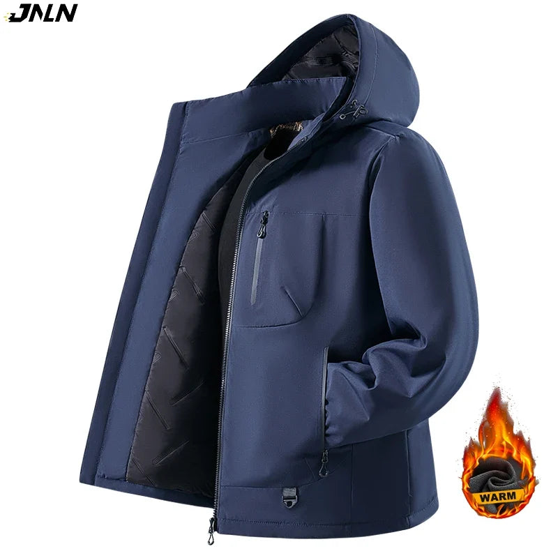Men's Waterproof Fleece Lined Windbreaker Jacket with Hood and Padded Graphene Lining