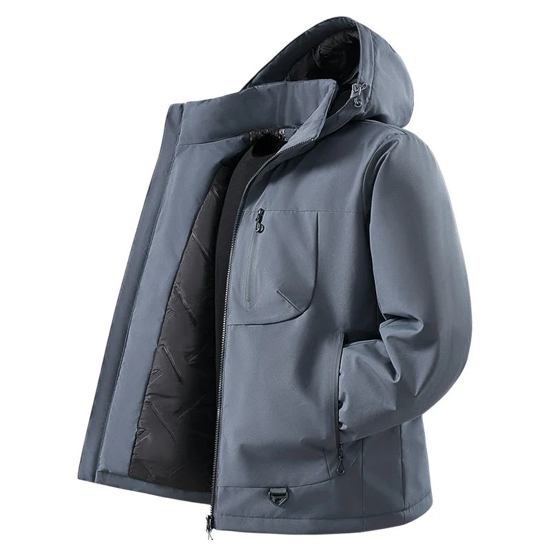 Men's Waterproof Fleece Lined Windbreaker Jacket with Hood and Padded Graphene Lining