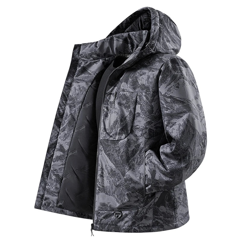 Men's Waterproof Fleece Lined Windbreaker Jacket with Hood and Padded Graphene Lining