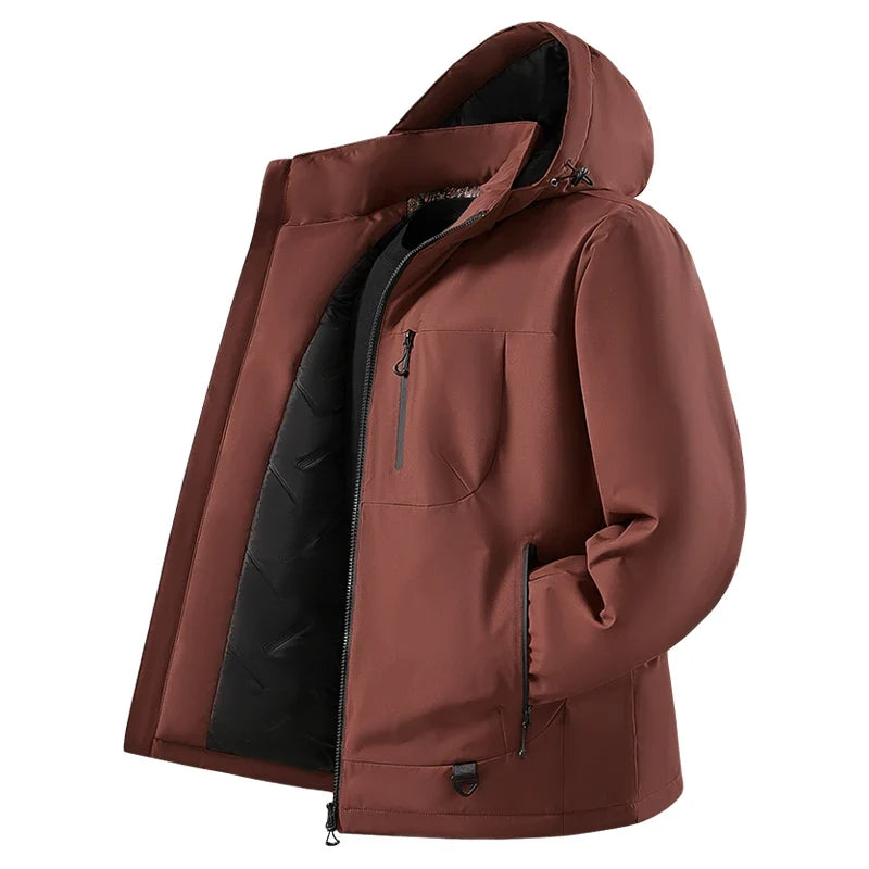 Men's Waterproof Fleece Lined Windbreaker Jacket with Hood and Padded Graphene Lining