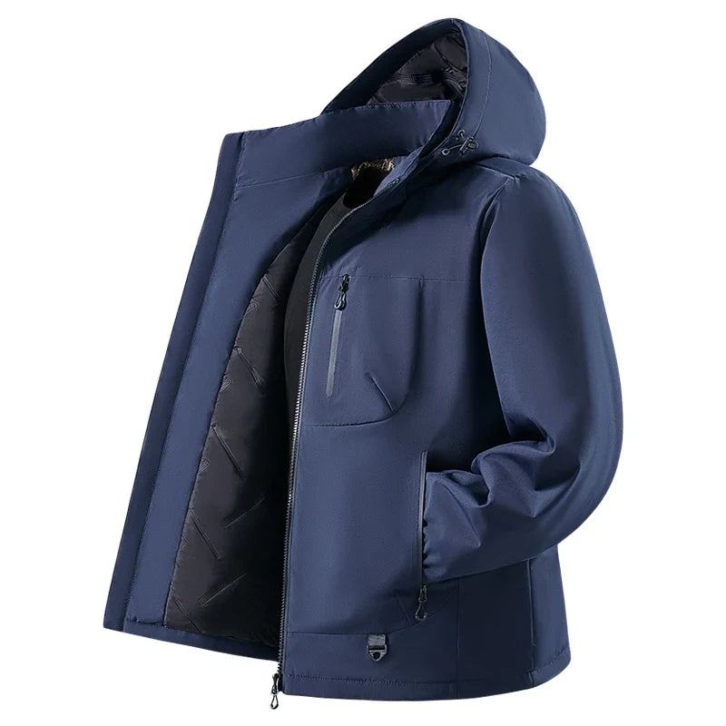Men's Waterproof Fleece Lined Windbreaker Jacket with Hood and Padded Graphene Lining