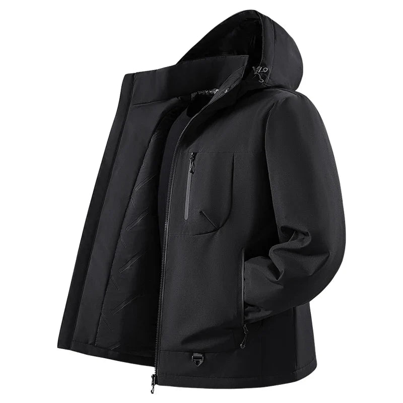 Men's Waterproof Fleece Lined Windbreaker Jacket with Hood and Padded Graphene Lining