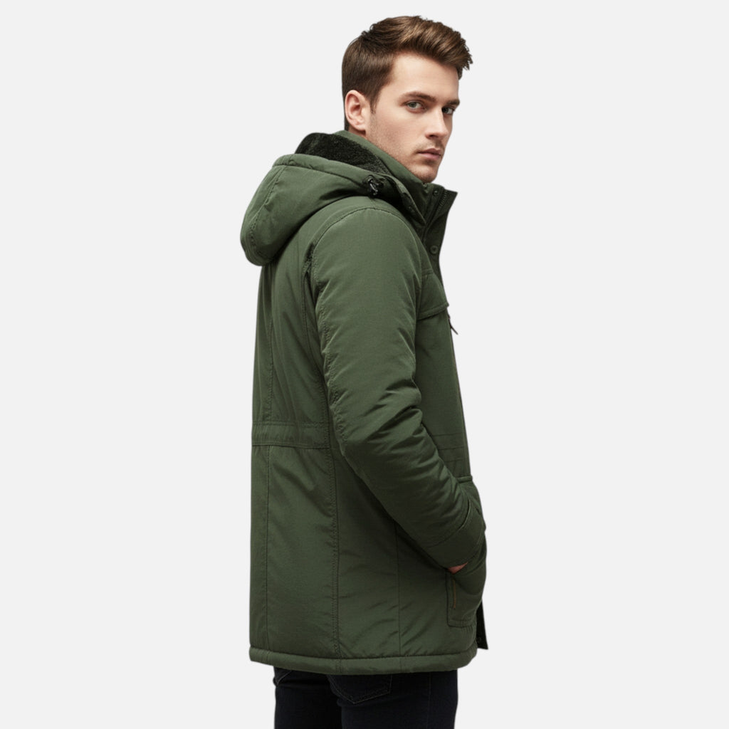 Men's Long Hooded Parka with Fleece Lining Water Repellent Windproof Polyester Shell