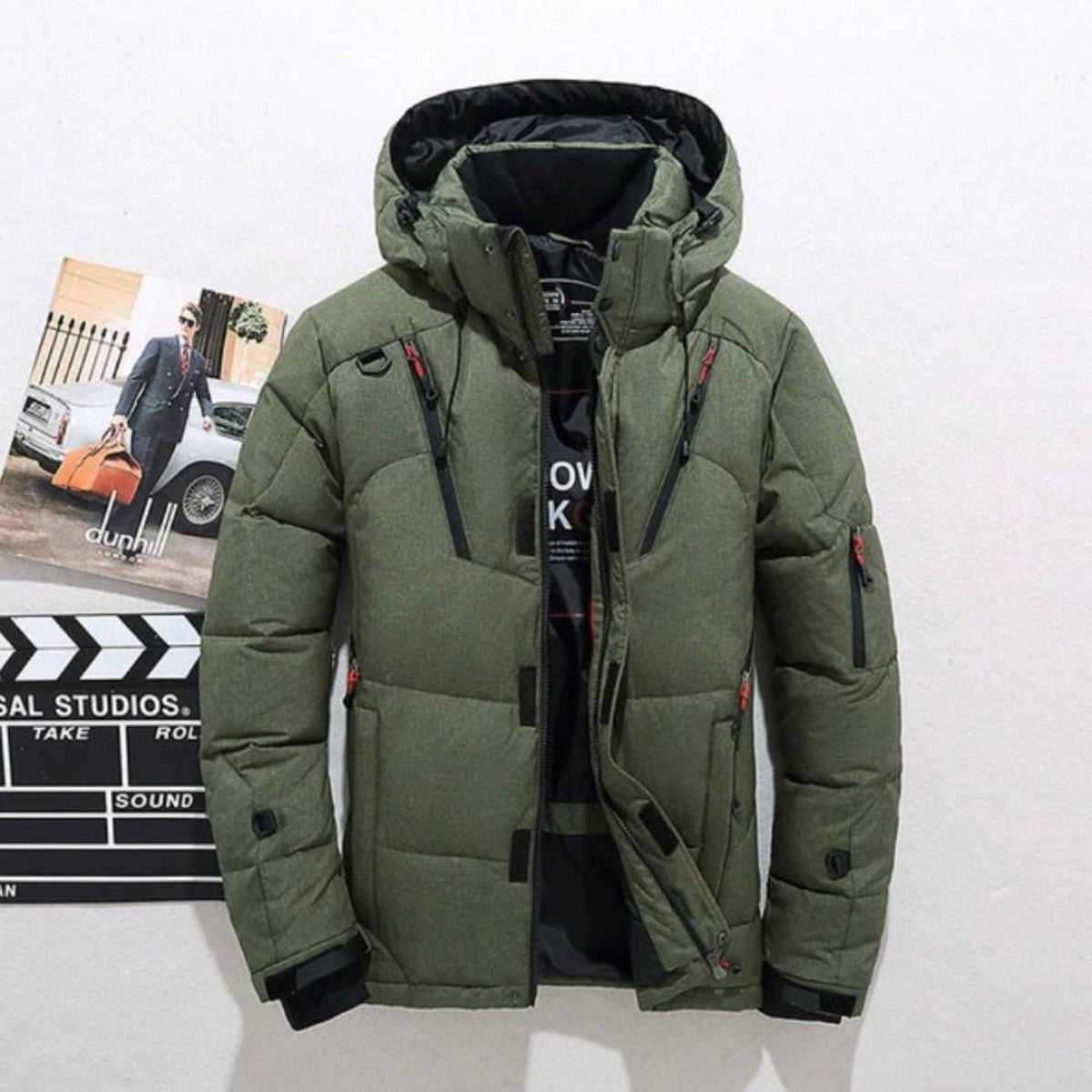 Men’s Duck Down Puffer Coat with Detachable Hood Zip Pockets and Polyester Shell