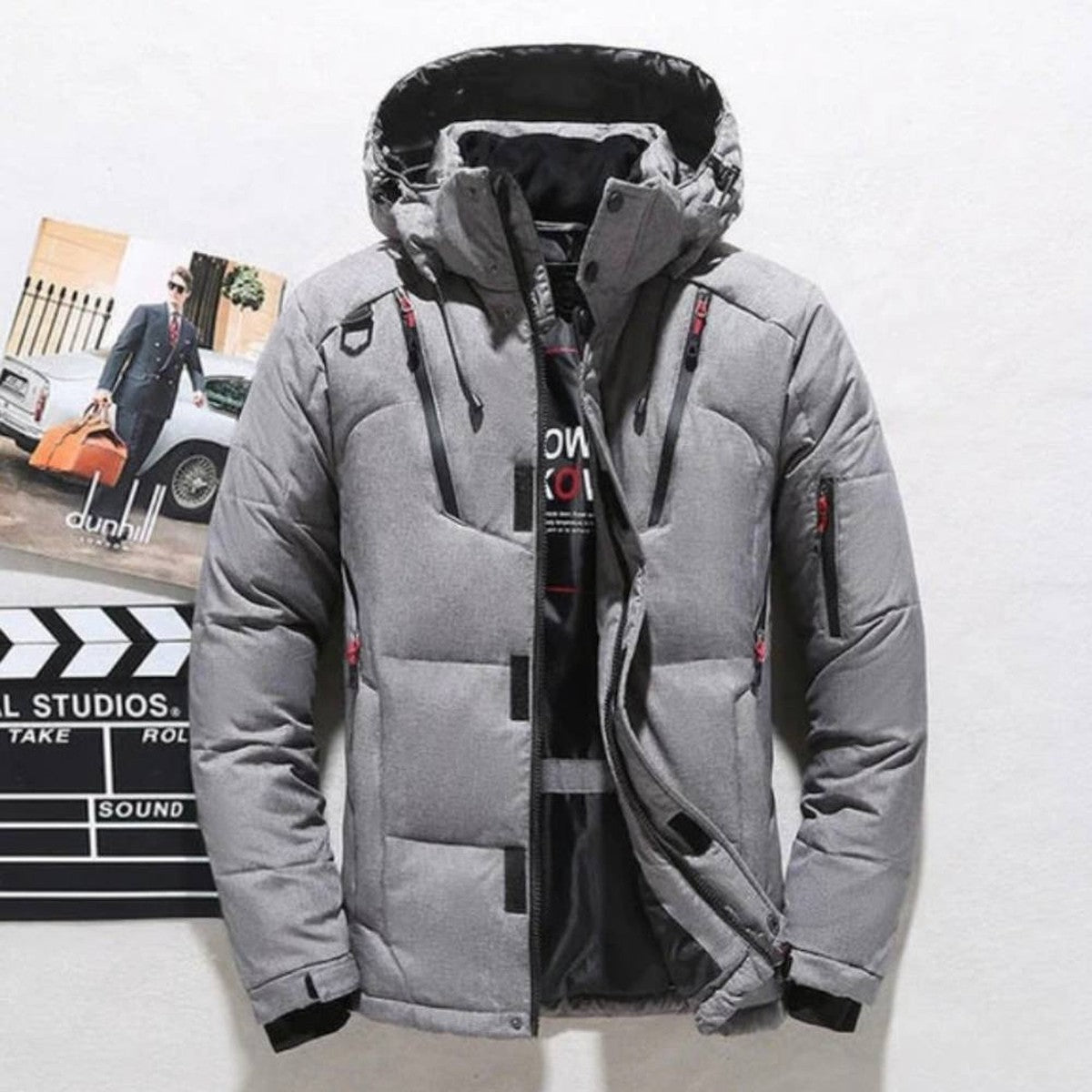 Men’s Duck Down Puffer Coat with Detachable Hood and Zip Pockets
