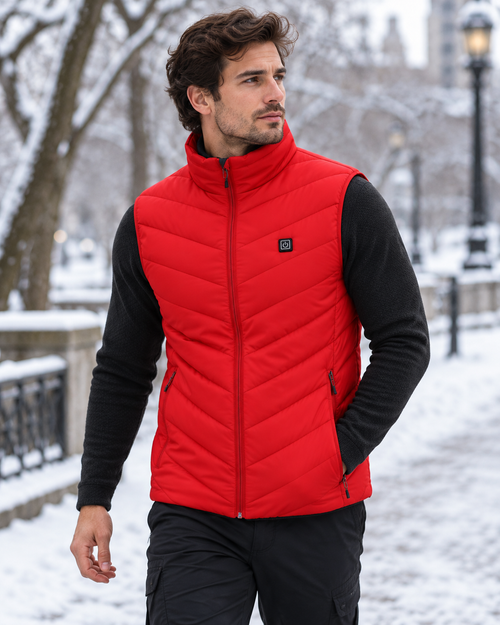 Men's heated vest with nine heating zones, quilted sleeveless design and front zipper