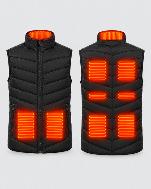 Men's heated vest heating zone diagram showing the placement of warming panels