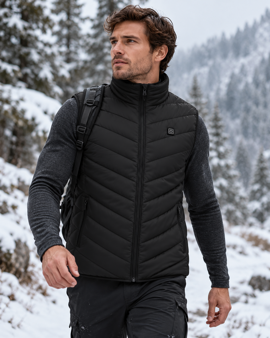 Men's quilted heated vest front view with high collar and chest power control