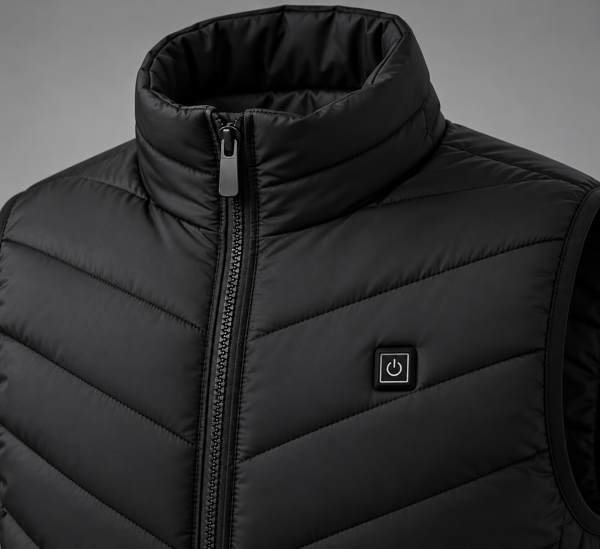 Close-up of men's heated vest collar, front zipper and chest heating control