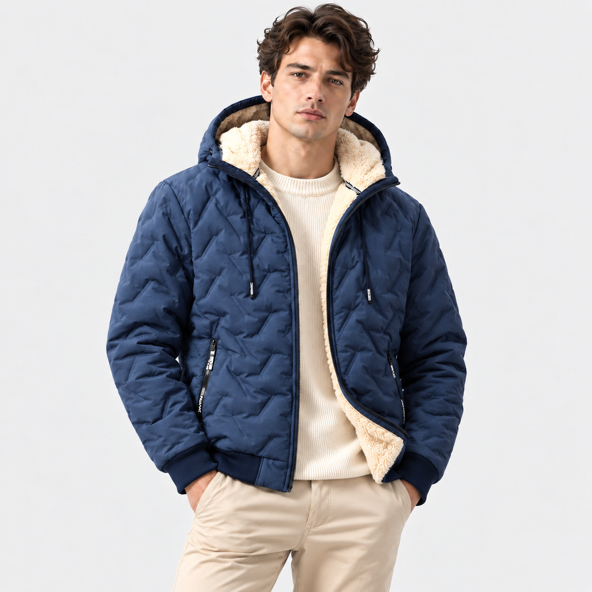 Men's Quilted Hooded Jacket with Sherpa Lining