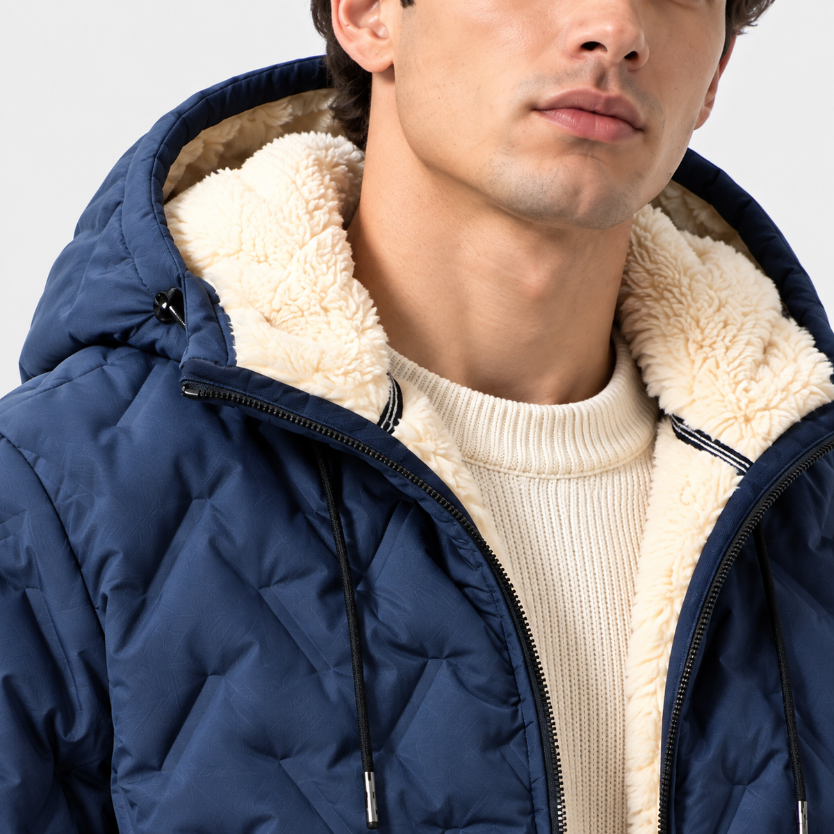 Men's Quilted Hooded Jacket with Sherpa Lining