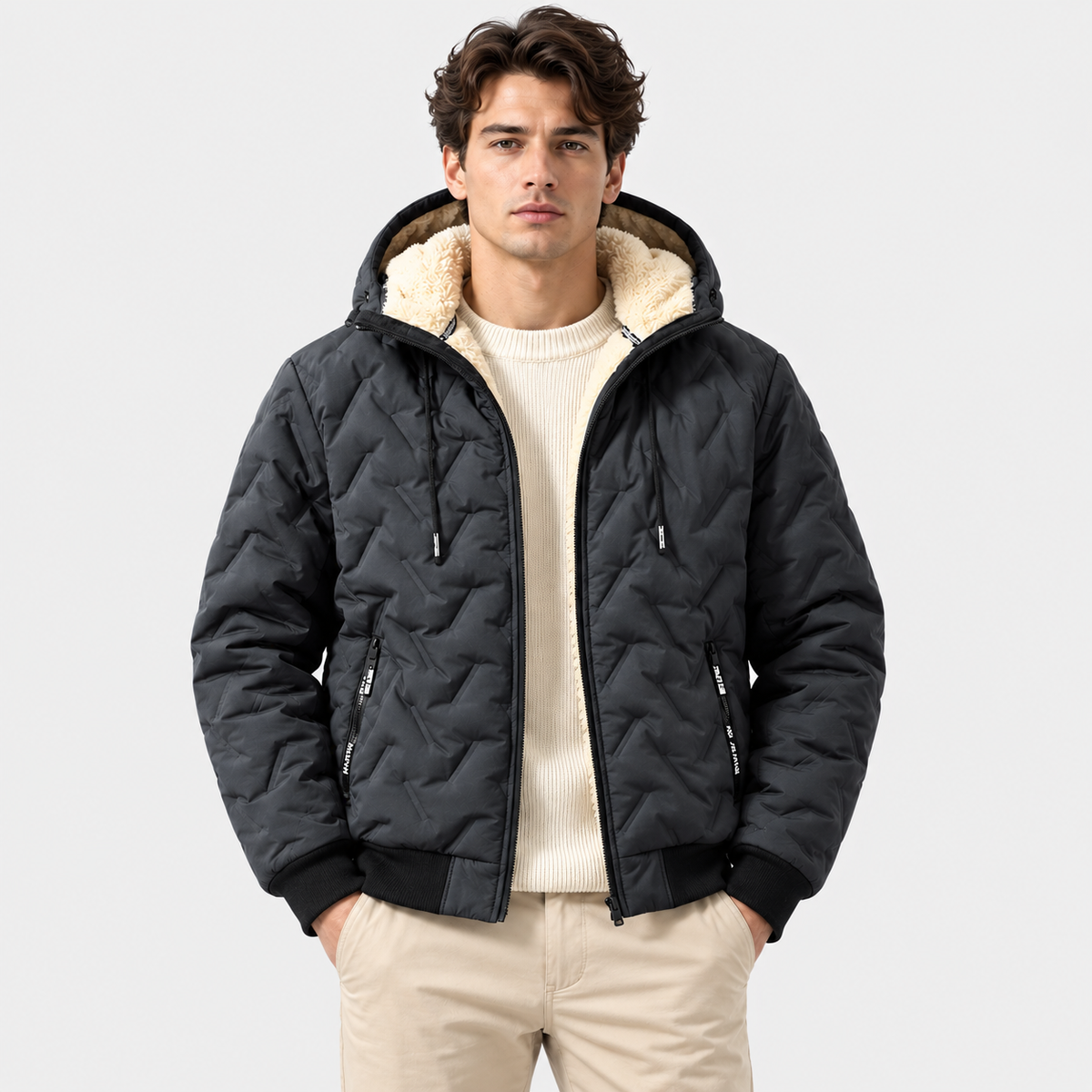 Men's Quilted Hooded Jacket with Sherpa Lining
