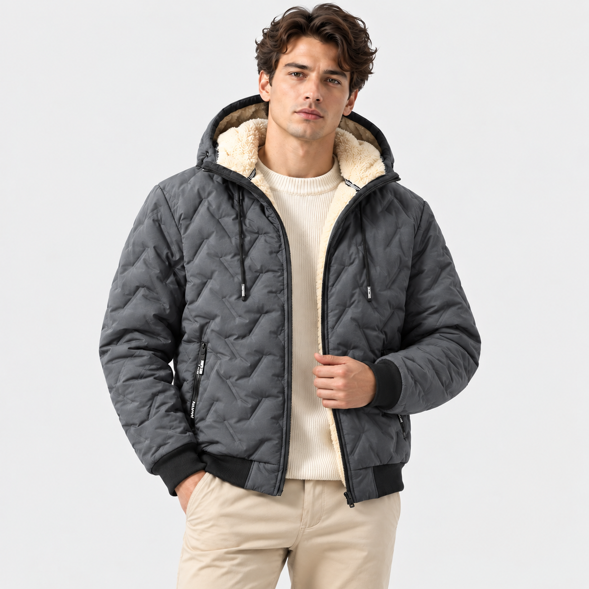 Men's Quilted Hooded Jacket with Sherpa Lining