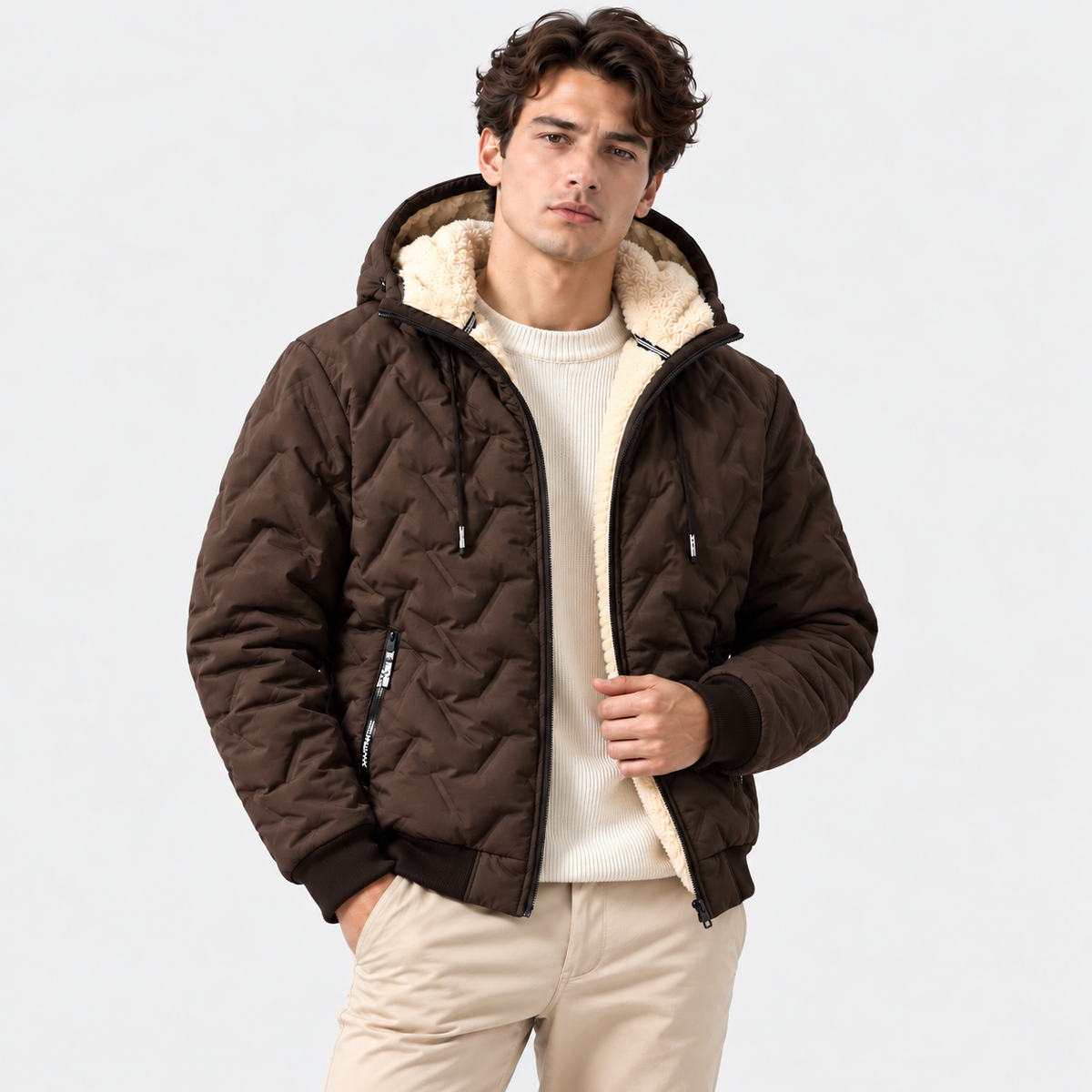 Men's Quilted Hooded Jacket with Sherpa Lining